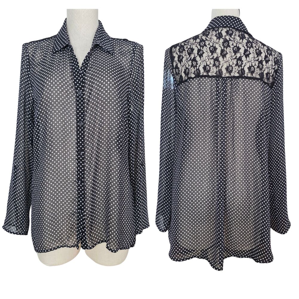 Zac and Rachel Polka Dot Tunic Top XL High Low Sheer Lace Back Blouse Romantic